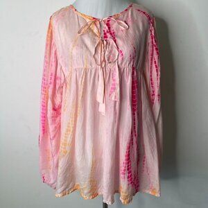 Anna Kosturova Women's Pink Orange Tie Dye Flowy Long Sleeve Blouse Size Large